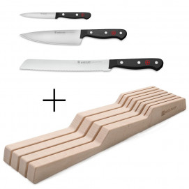 Coffret Starter Kit 3 couteaux et un range-couteaux pour tiroir en bois